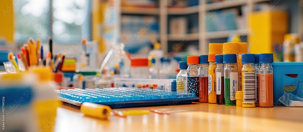 Colorful test tubes on a table in a classroom. Colorful test tubes on a table in a classroom.