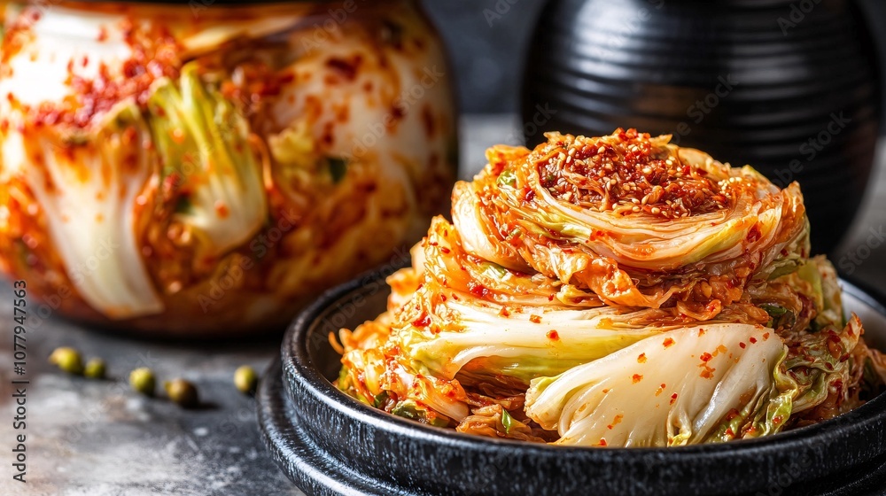 Fototapeta premium 83.A close-up top view of sliced Napa cabbage kimchi on a small dish, with large kimchi pieces in a traditional Korean black jar in the background. The bright red chili seasoning covering the cabbage