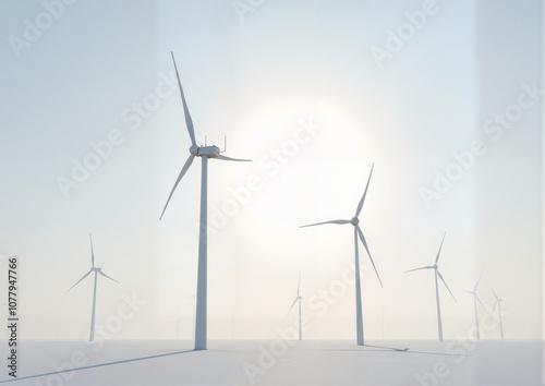 Minimalistic wind turbines in sunlight on a plain background