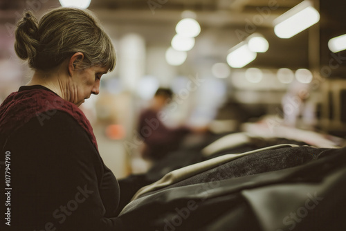 Woman shopping for fabric in a store with blurred background and warm lighting photo