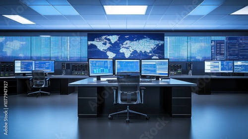 A high-tech control room with multiple screens displaying data and maps.