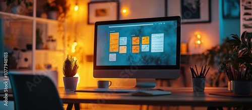 A computer screen displaying a digital notepad with colorful notes and a cup of coffee on a desk in a home office.