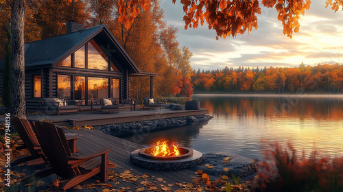 Fototapeta Naklejka Na Ścianę i Meble -  A wooden cabin with large windows overlooking the lake. There is an outdoor fire pit on one side of it, and comfortable chairs around it. Flower pots are placed by its sides