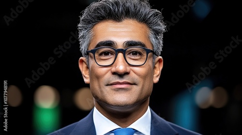 Professional Portrait of a Confident Businessman with Glasses in Formal Attire Against a Blurred Background