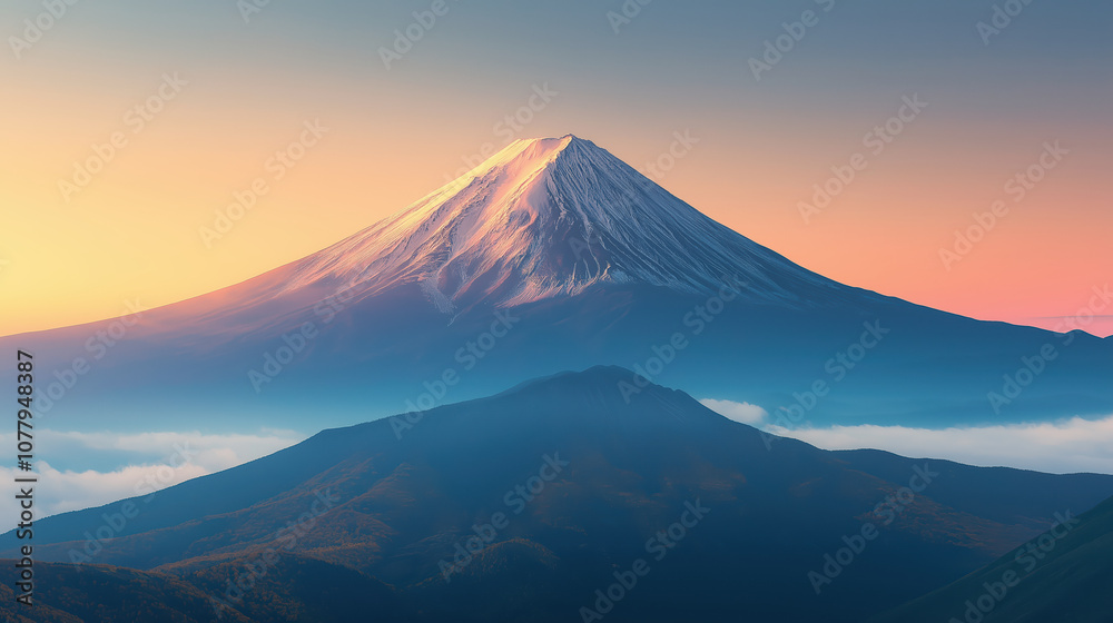 Serene sunrise over majestic snow capped mountain landscape Serene sunrise over majestic snow capped mountain landscape