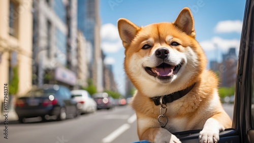 Energetic Shiba Inu leaning out of a car window, ears flapping and tongue out, joyfully embracing the wind on a sunny day, with a vibrant cityscape whizzing by.- photo