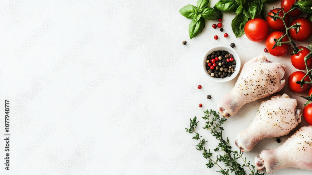 Fresh Chicken Drumsticks with Herbs and Vegetables on White Background Fresh Chicken Drumsticks with Herbs and Vegetables on White Background
