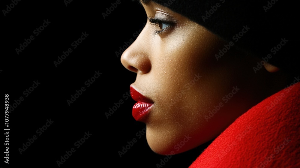 Captivating Profile of a Beautiful Woman in Red and Black, Highlighting Her Elegant Features and Striking Contrast Against a Dark Background Captivating Profile of a Beautiful Woman in Red and Black, Highlighting Her Elegant Features and Striking Contrast Against a Dark Background