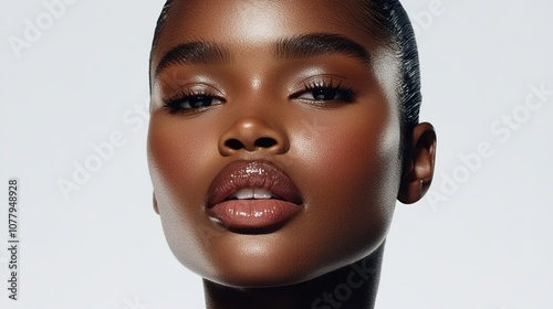 Close-Up of a Confident Young Woman with Glossy Lips and Radiant Skin Capturing Modern Beauty and Elegance in a Fashionable Portrait Session