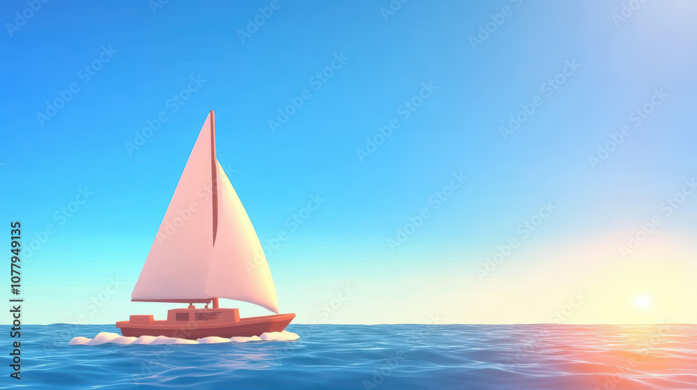 Fototapeta premium A sailboat gliding on calm ocean waters at sunset under a vibrant sky