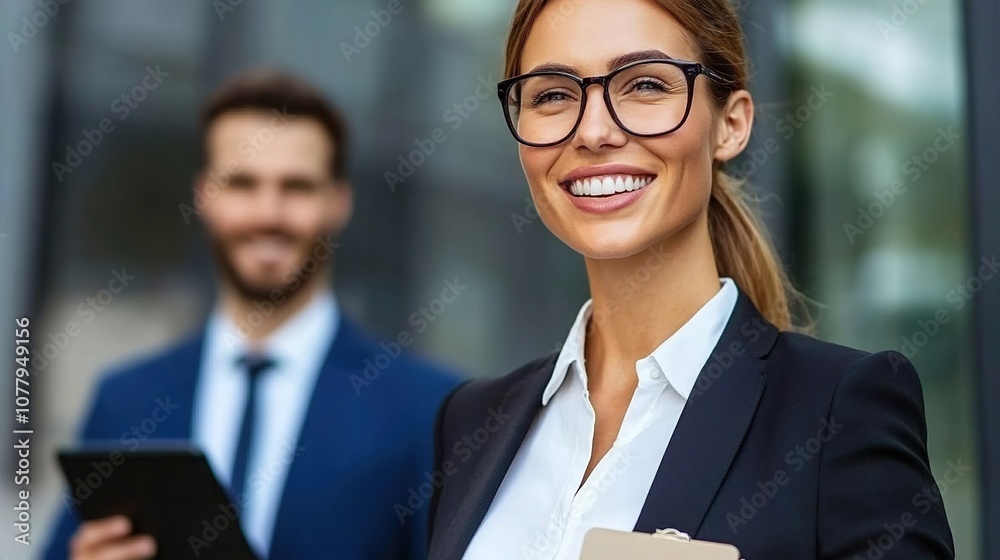 Confident Businesswoman Smiling at Camera with Colleague in Background, Showcasing Professionalism and Teamwork in Modern Office Environment Confident Businesswoman Smiling at Camera with Colleague in Background, Showcasing Professionalism and Teamwork in Modern Office Environment