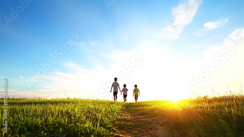 Family Walking Together on a Scenic Pathway at Sunset Surrounded by Lush Green Grass and a Vibrant Sky Filled with Clouds and Warm Sunlight