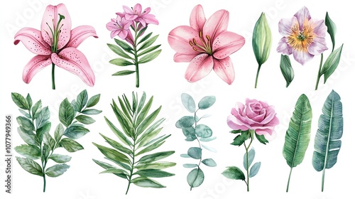 Watercolor illustrations of pink lilies, roses, and tropical leaves isolated on a white background.