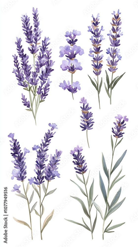 Naklejka premium Watercolor illustration of lavender flowers in different arrangements isolated on white background.