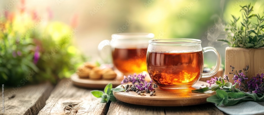 Two mugs of hot tea with steam, lavender, and herbs on a wooden table, outdoors on a sunny day. Two mugs of hot tea with steam, lavender, and herbs on a wooden table, outdoors on a sunny day.