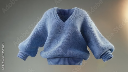 An elegant blue sweater floating in the air. The sweater has a V-neck and is made of a soft, knitted material