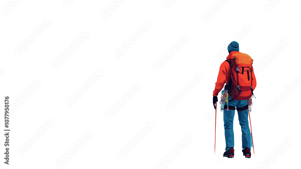 Mountain climber with backpack viewing snow-covered peaks Mountain climber with backpack viewing snow-covered peaks