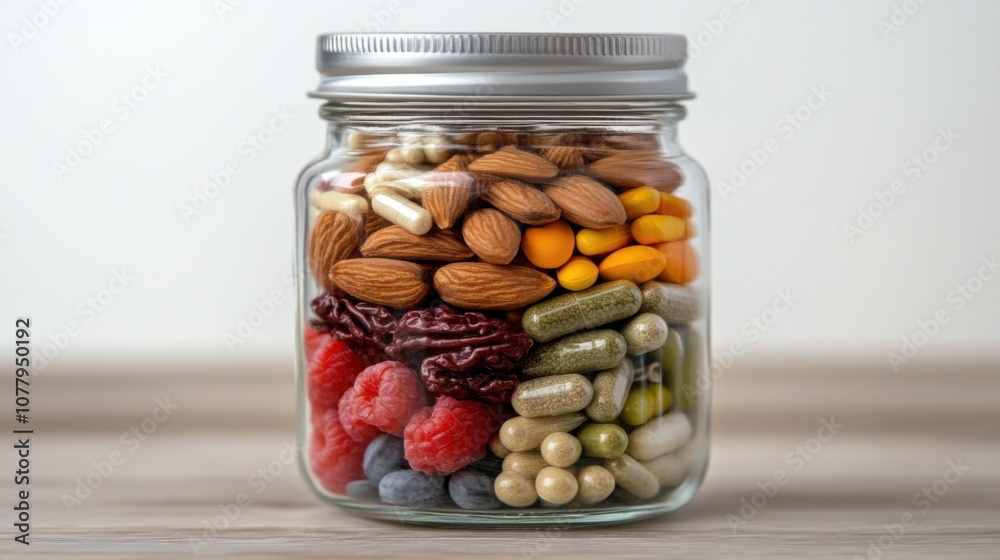 Assorted nuts berries and supplements in a glass jar for health and wellness Assorted nuts berries and supplements in a glass jar for health and wellness