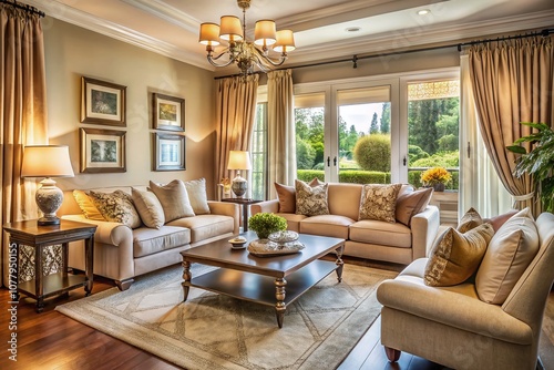 Elegant Living Room with Sliding Curtains in Natural Light, Showcasing Cozy Atmosphere and Calming Interior Design, Perfect for Home Decor Inspiration and Relaxation