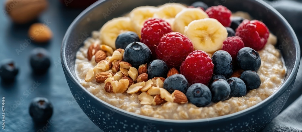 A bowl of oatmeal topped with blueberries, raspberries, banana slices, and almonds. A bowl of oatmeal topped with blueberries, raspberries, banana slices, and almonds.