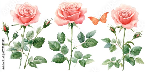 Three pink roses with green leaves and a butterfly isolated on white background.