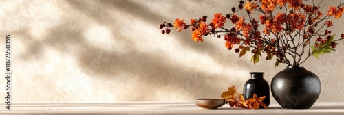 Autumnal flat lay for japanese obon celebration with floral arrangements photo