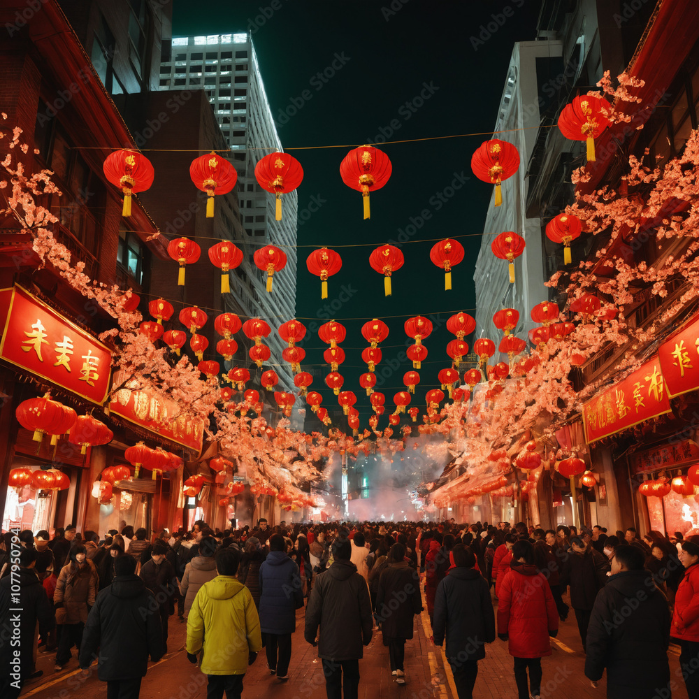 Fototapeta premium Fictionalized Chinese New Year Celebration in an American Metropolis