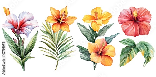 Watercolor illustration of five tropical flowers, including red hibiscus, yellow hibiscus, and white with red hibiscus, on a white background.