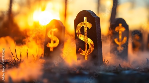 Dollar Sign Tombstones at Sunset
