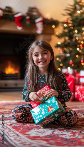 Joyful girl celebrating christmas with colorful gifts in a festively decorated english living room photo