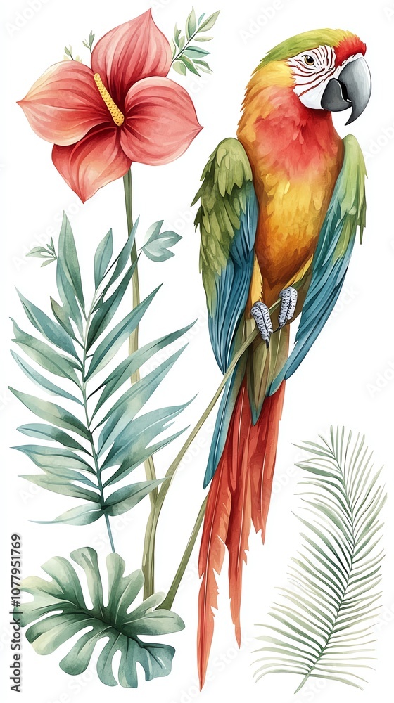Obraz premium Watercolor illustration of a colorful parrot perched on a branch with tropical leaves and flowers.