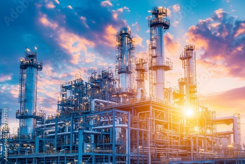 Industrial plant pipeline and pipe rack set against a sunset sky backdrop, petrochemical manufacturing facility scene