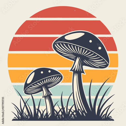 Retro Mushroom Graphic with Sunset Stripes Background, T-shirt design, retro vintage mushroom
