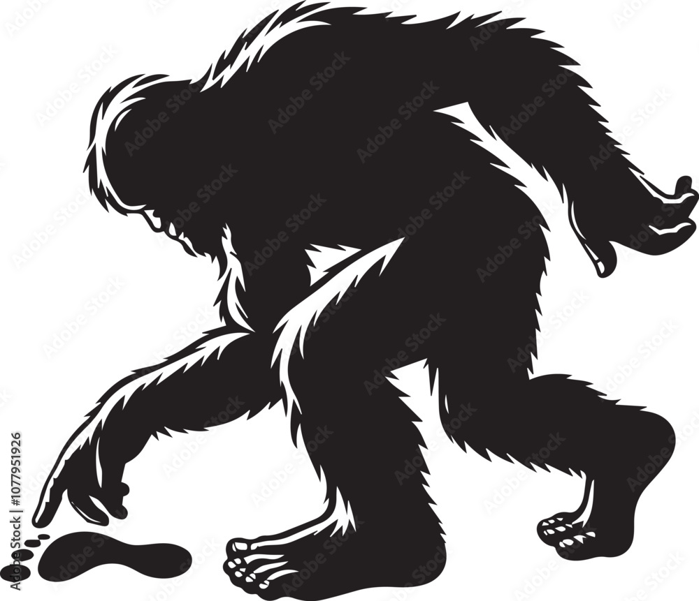 Bigfoot silhouette bending down to inspect a footprint Bigfoot silhouette bending down to inspect a footprint