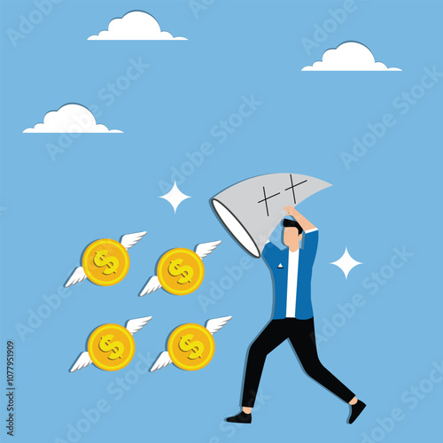 Businessman running with a net to catch money. Pursuit of financial success