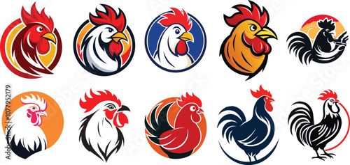 various 10 roosters vector logo in different colorful and vibrant looks lively and cheerful sight