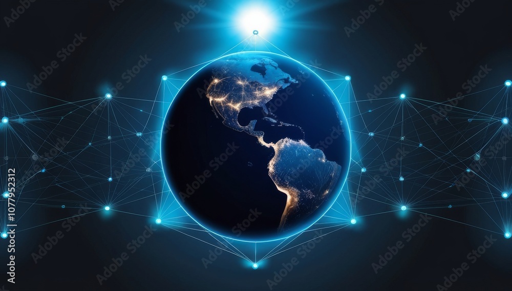 Night planet earth with lights of night cities with communication lines and satellites. Technology, concept. Glowing dots and lines emphasize digital links Night planet earth with lights of night cities with communication lines and satellites. Technology, concept. Glowing dots and lines emphasize digital links