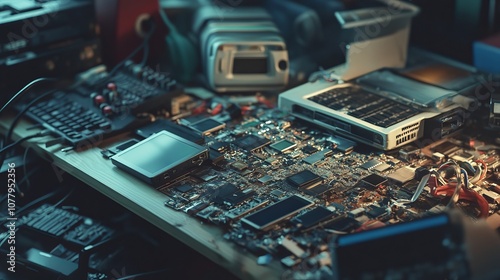 An image of electronic devices such as old phones and computers being taken apart for recycling, illustrating the recycling of electronic waste for reuse and resource conservation. 