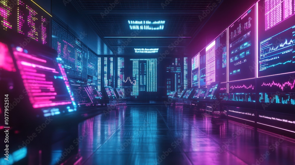 A futuristic data center with glowing screens displaying financial information and graphs. A futuristic data center with glowing screens displaying financial information and graphs.