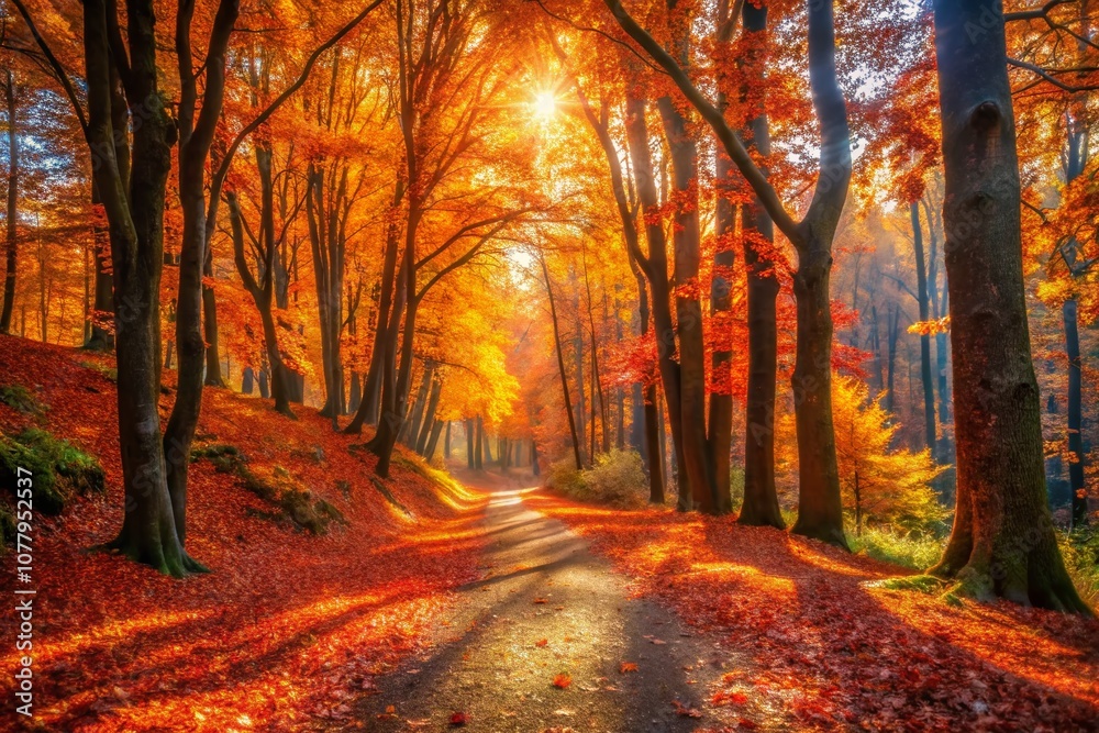 Fototapeta premium Enchanted Autumn Forest Path: A Serene Journey Through Colorful Leaves, Sunlit Trails, and Nature's Beauty, Perfect for Urban Exploration Photography Enthusiasts