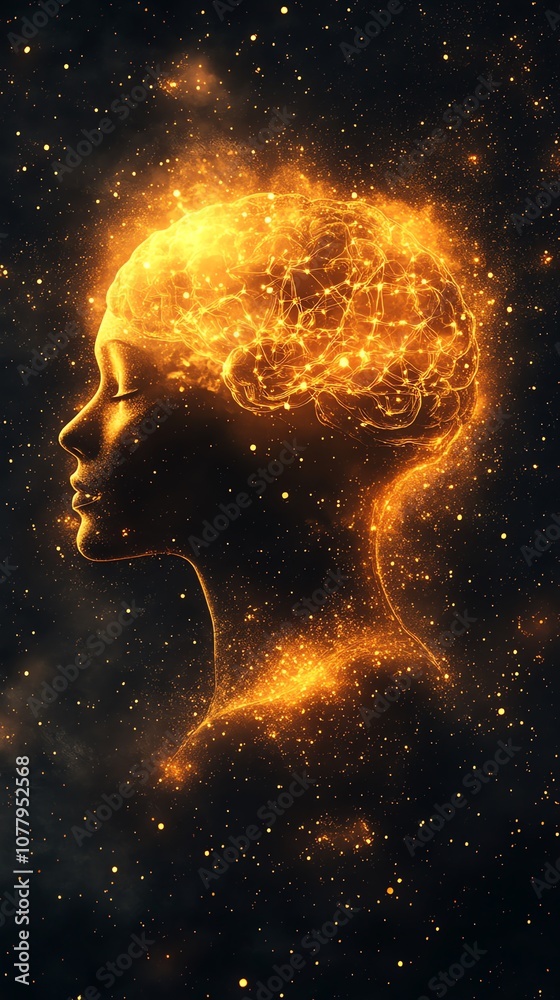 A fiery human head with a flaming brain, against a starry background. A fiery human head with a flaming brain, against a starry background.