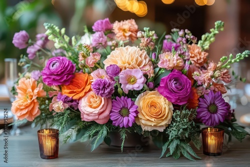 stylized floral decoration featuring an arrangement of vivid flowers and greenery creating a vibrant and cheerful ambiance perfect for weddings or celebrations