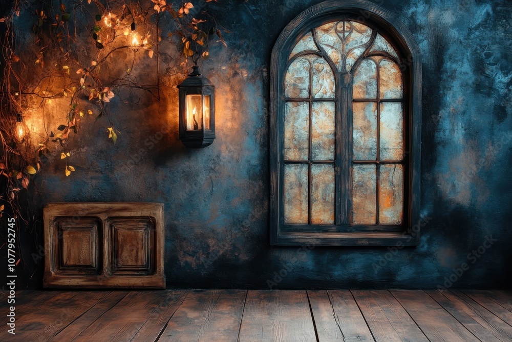 A rustic wooden floor and wall with a gothic window and a hanging lantern. A rustic wooden floor and wall with a gothic window and a hanging lantern.