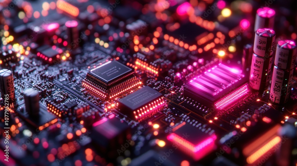 Obraz premium Close-up of a vibrant, illuminated circuit board with components.