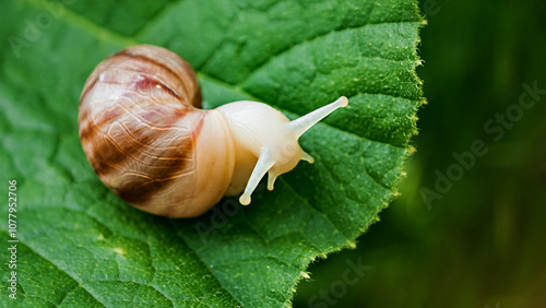 Large land snail Achatina achatina, pest issues, two snails sitting on large green leaf outside in summer