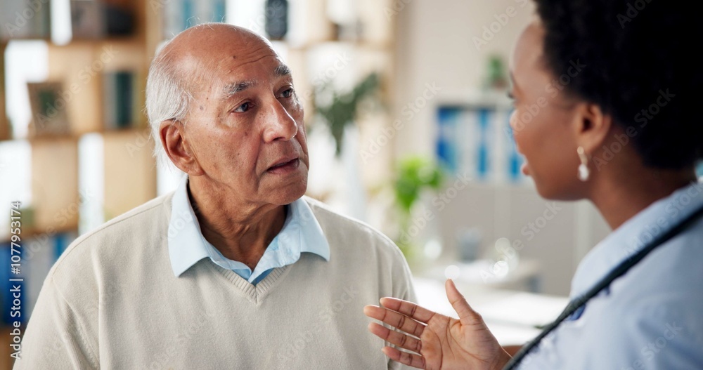 Hospital, consulting and doctor with mature man for medical service, help and treatment. Healthcare, clinic and woman with patient in discussion, explain and talking for results, diagnosis and advice Hospital, consulting and doctor with mature man for medical service, help and treatment. Healthcare, clinic and woman with patient in discussion, explain and talking for results, diagnosis and advice