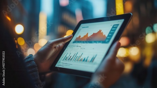 A person analyzing data on a tablet in an urban setting, showcasing trends and analytics in a modern business environment.