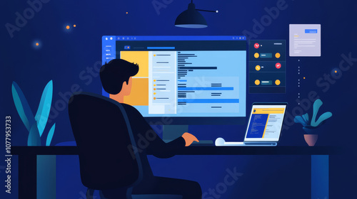 A project manager coordinating an IT team through task management software, tracking deadlines and milestones