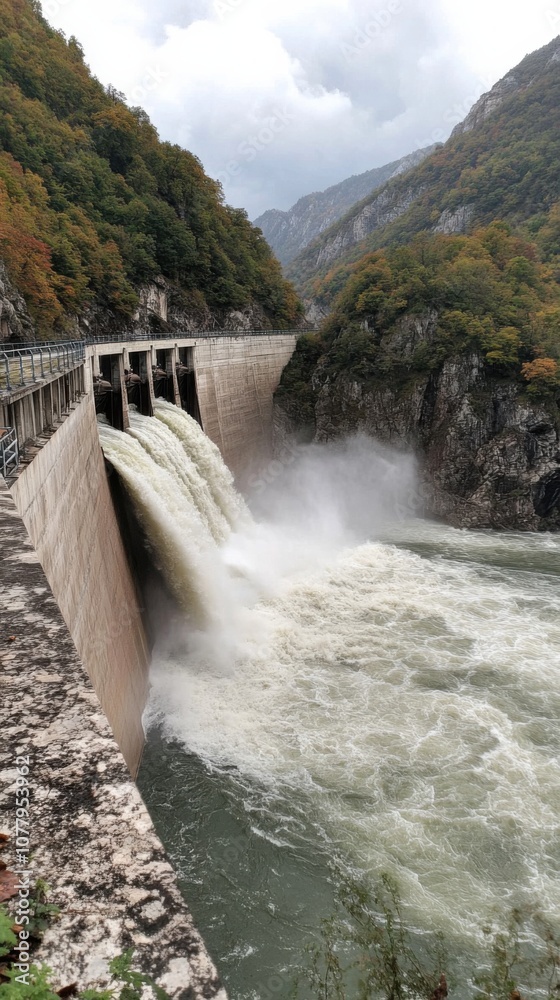 Closeup view of hydroelectric dam turbines in a scenic mountain landscape Closeup view of hydroelectric dam turbines in a scenic mountain landscape