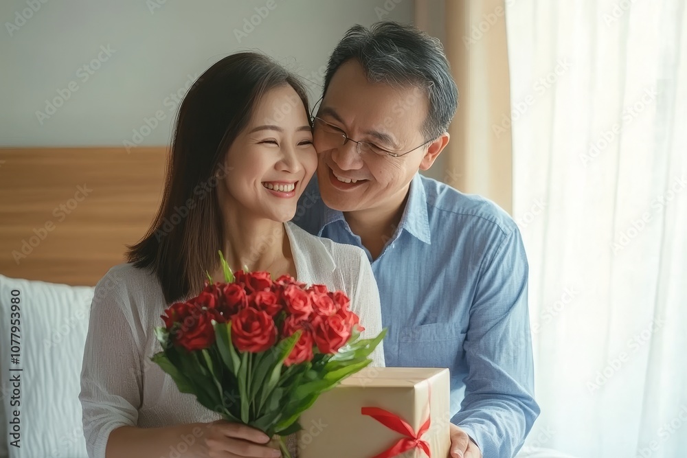 Asian couple celebrating love with gifts and flowers in their cozy bedroom on special occasions Asian couple celebrating love with gifts and flowers in their cozy bedroom on special occasions
